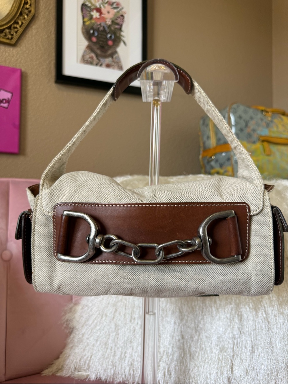AUTH MARNI Cream Canvas Bag with Brown Leather Trim and Silver Horsebit Detail